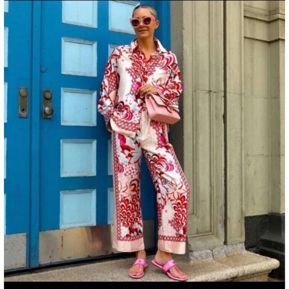 Zara Wide Leg Trousers Womens Medium Flowing Patchwork Pink Floral Print